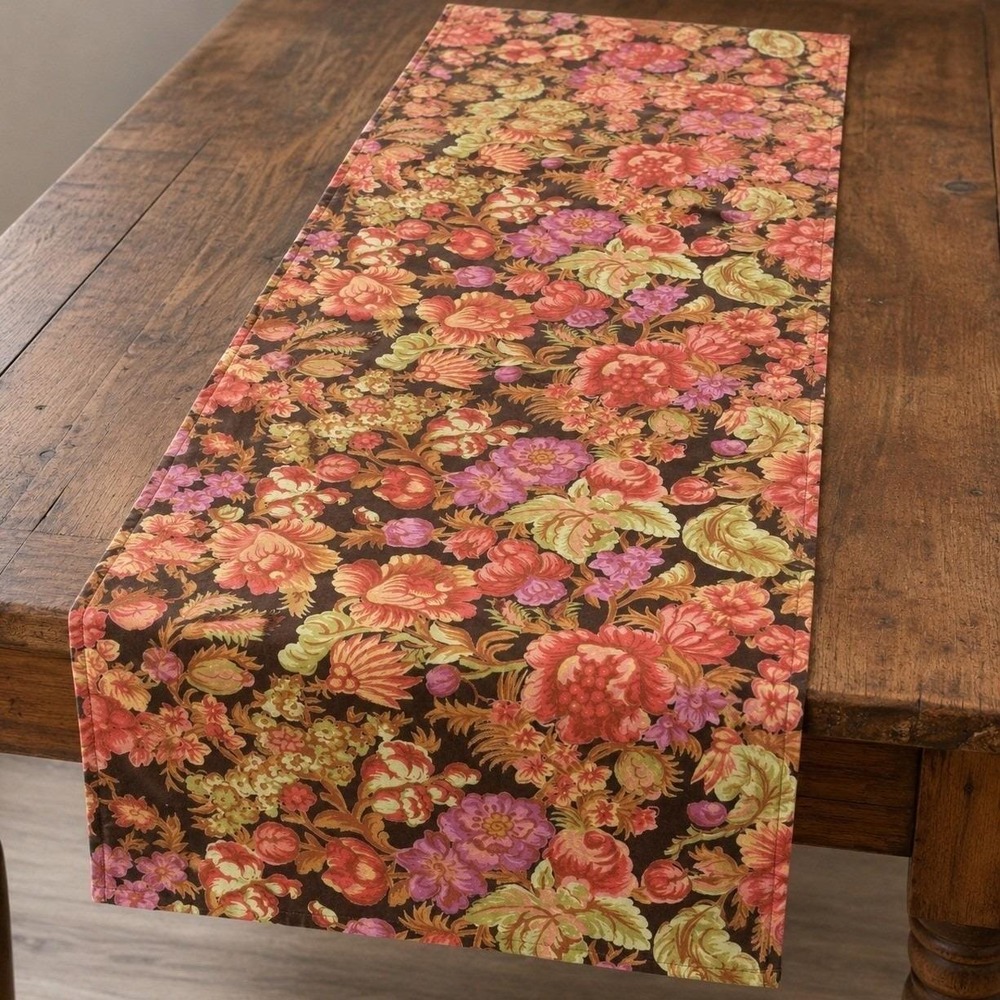 April Cornell Floral Cotton Table Runner Brown Pink French Country Cottage 68"